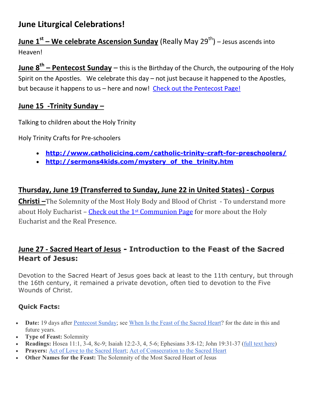June Liturgical Celebrations!