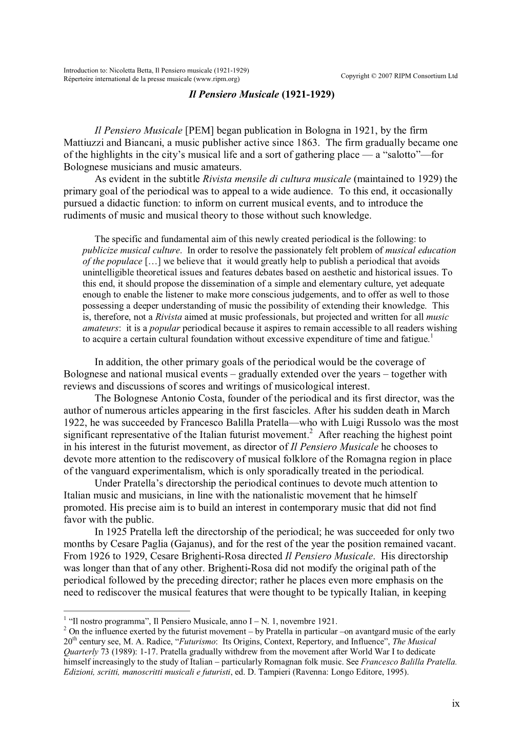 Il Pensiero Musicale (1921-1929) Copyright © 2007 RIPM Consortium Ltd Répertoire International De La Presse Musicale ( Il Pensiero Musicale (1921-1929)