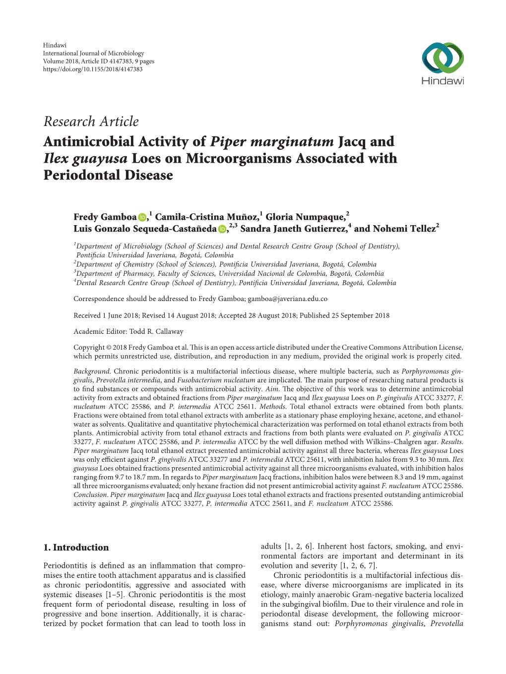 Antimicrobial Activity of Piper Marginatum Jacq and Ilex Guayusa Loes on Microorganisms Associated with Periodontal Disease