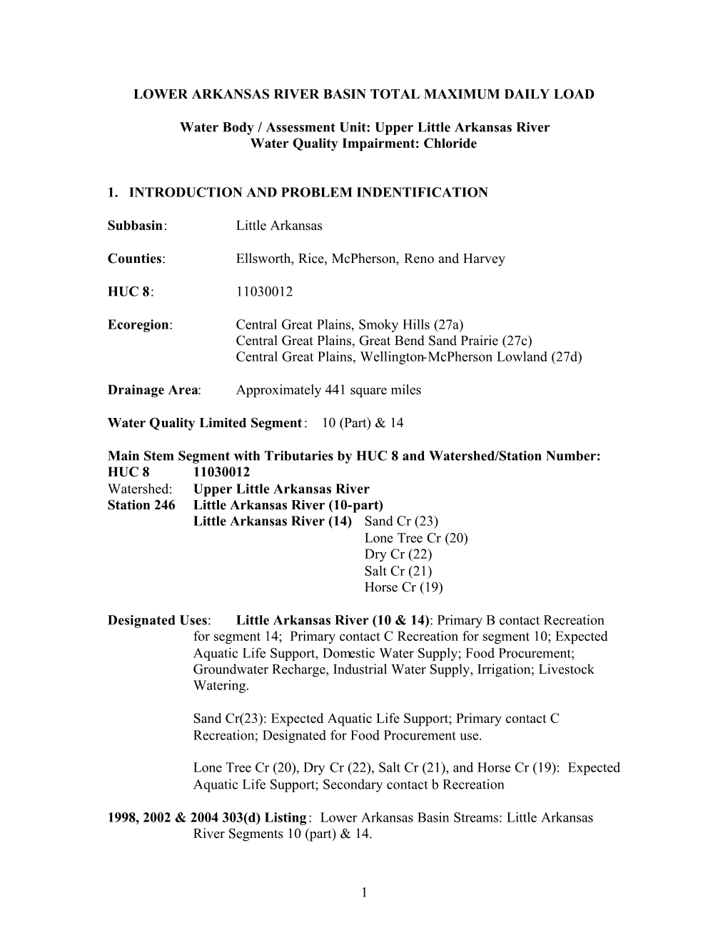 Upper Little Arkansas River Water Quality Impairment: Chloride