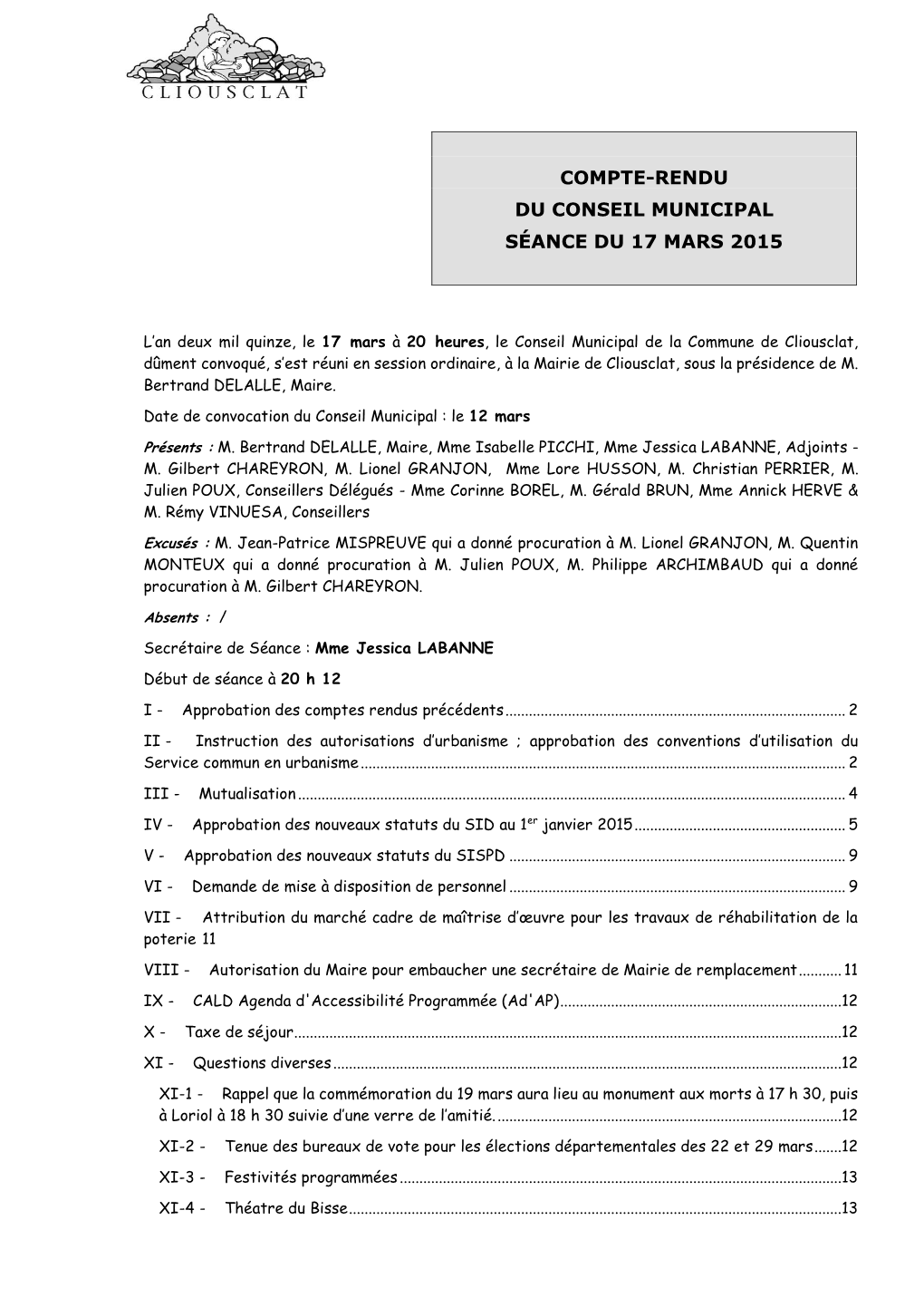 Compte-Rendu Du Conseil Municipal Séance Du 17 Mars 2015