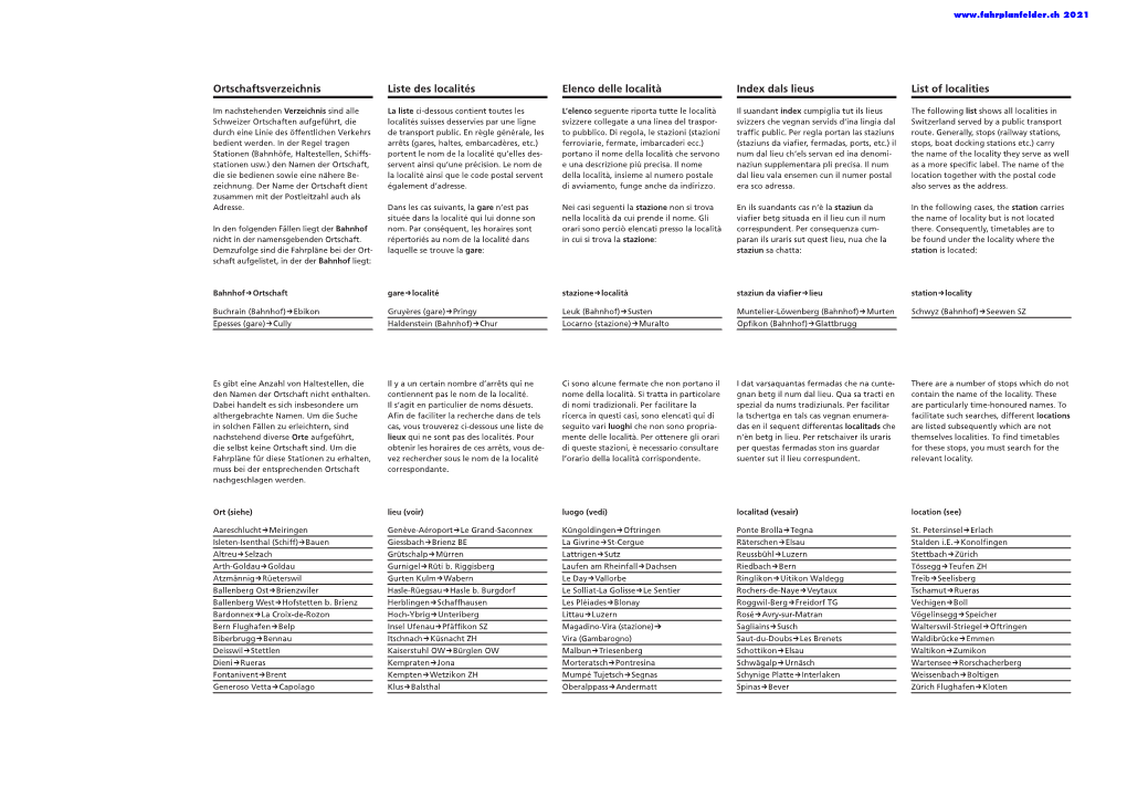 Ortschaftsverzeichnis Liste Des Localités Elenco Delle Località Index Dals Lieus List of Localities