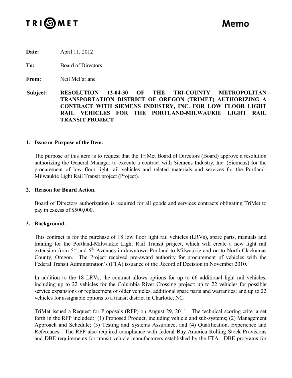 Resolution 12-04-30 Authorizing a Contract with Siemens