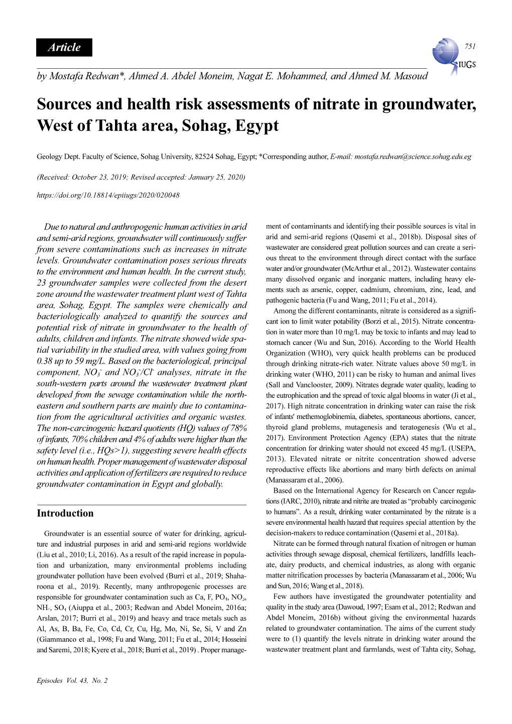 Sources and Health Risk Assessments of Nitrate in Groundwater, West of Tahta Area, Sohag, Egypt