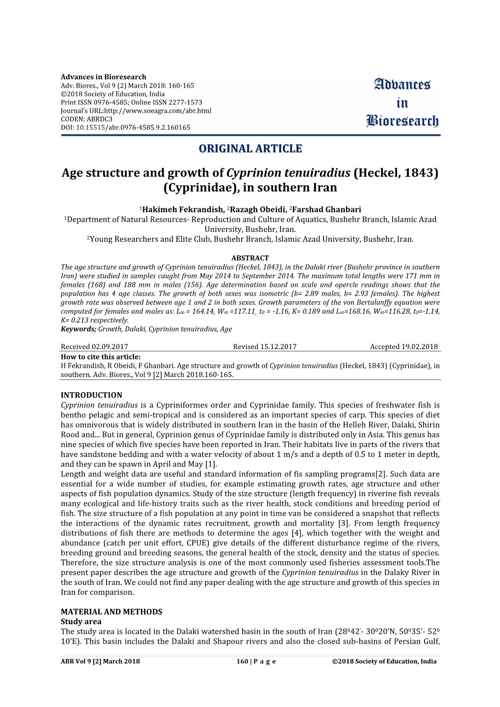 Age Structure and Growth of Cyprinion Tenuiradius (Heckel, 1843) (Cyprinidae), in Southern Iran