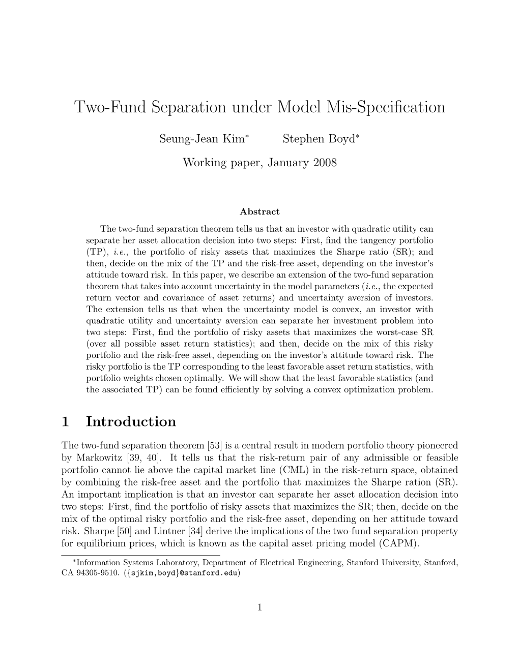 Two-Fund Separation Under Model Mis-Specification