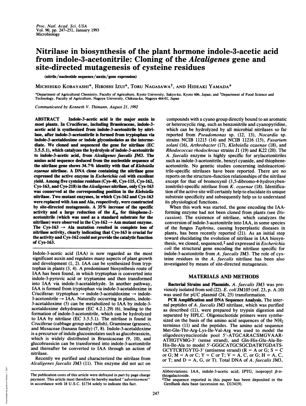 Nitrilase in Biosynthesis of the Plant Hormone Indole-3-Acetic Acid From