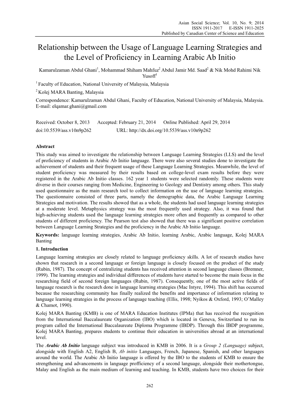 Relationship Between the Usage of Language Learning Strategies and the Level of Proficiency in Learning Arabic Ab Initio