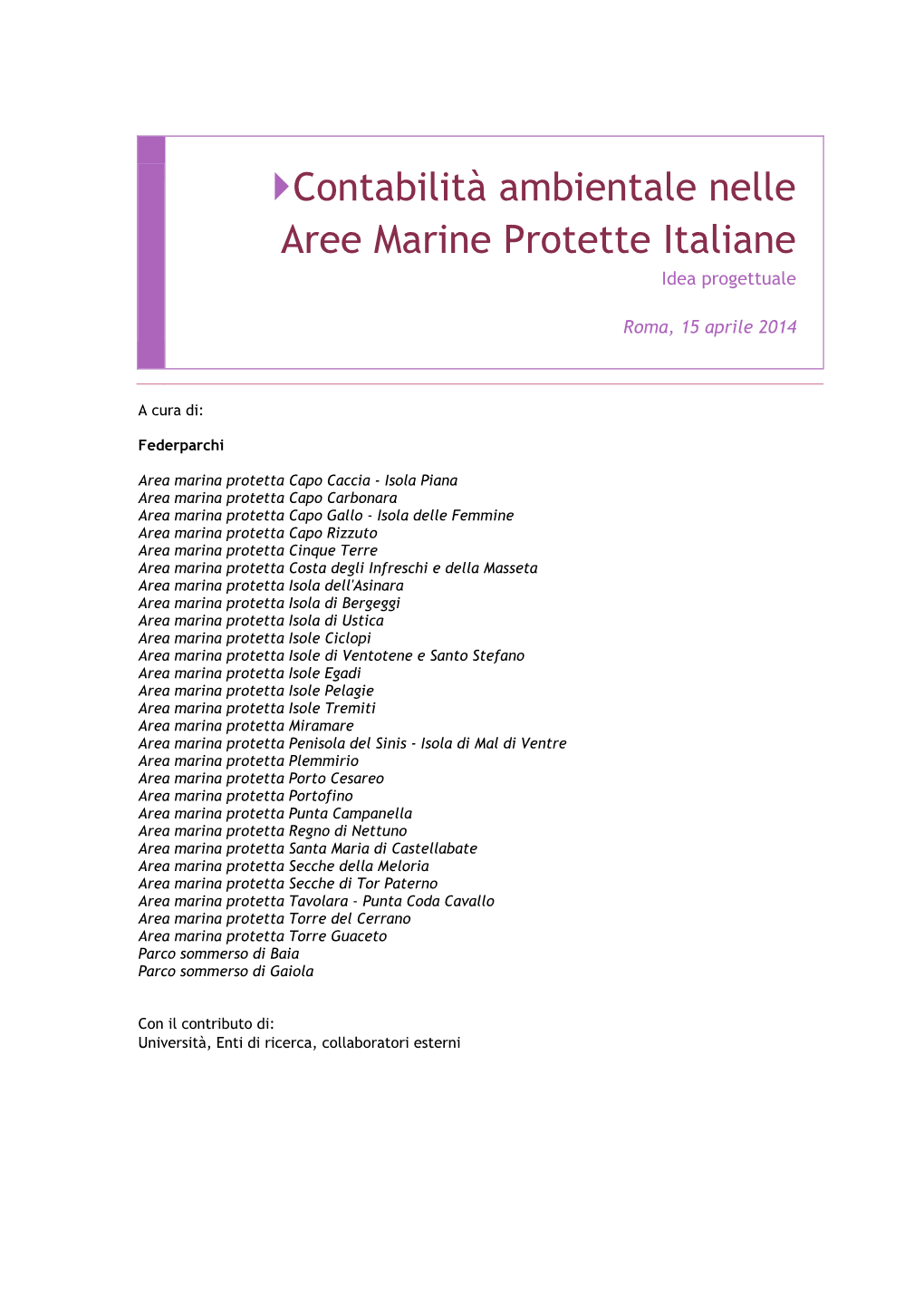 Contabilità Ambientale Nelle Aree Marine Protette Italiane Idea Progettuale