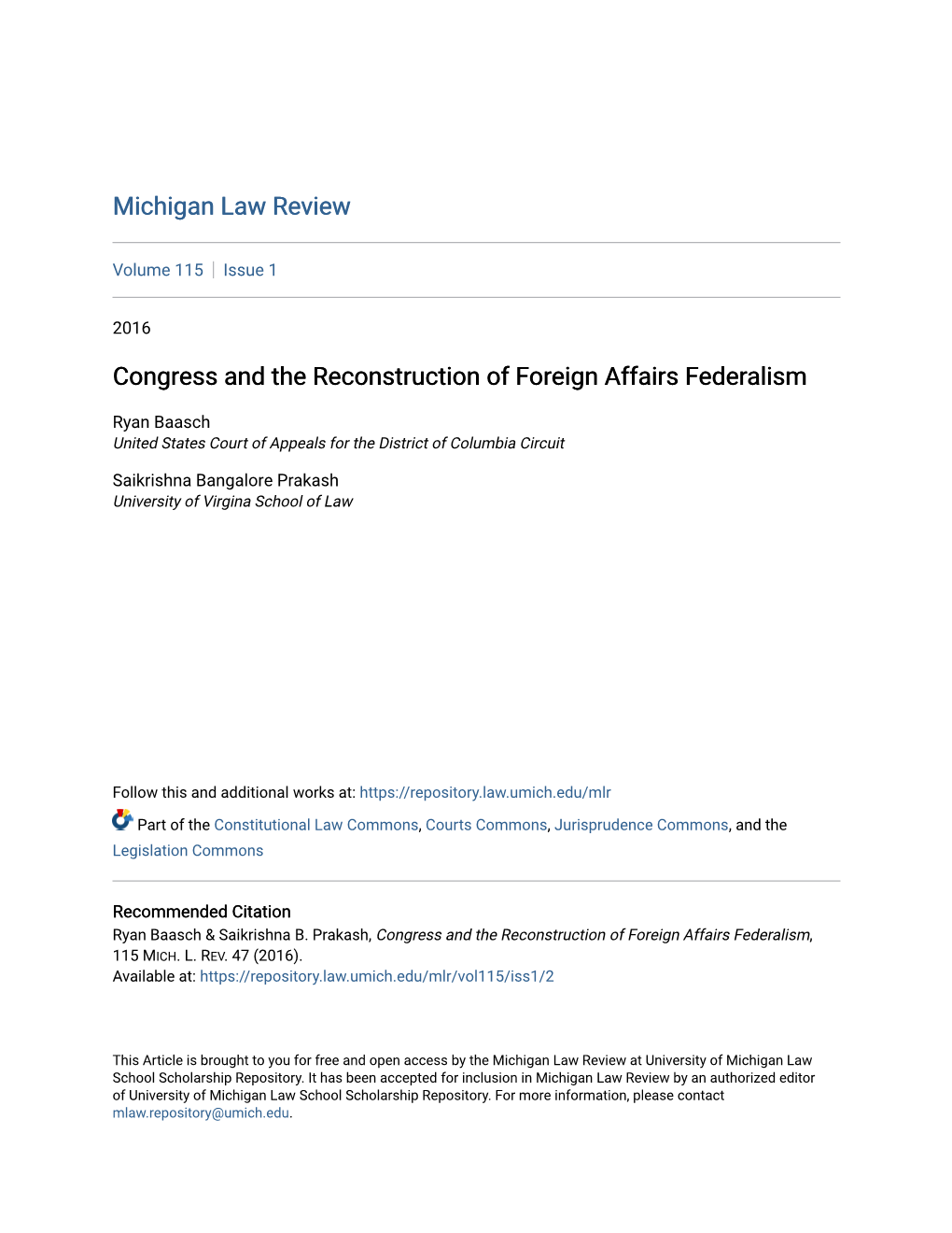 Congress and the Reconstruction of Foreign Affairs Federalism