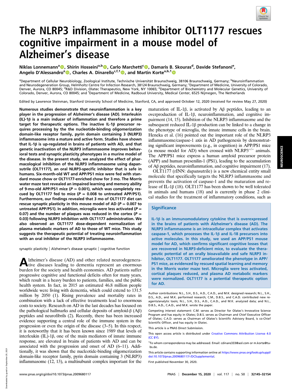 The NLRP3 Inflammasome Inhibitor OLT1177 Rescues Cognitive Impairment in a Mouse Model of Alzheimer’S Disease