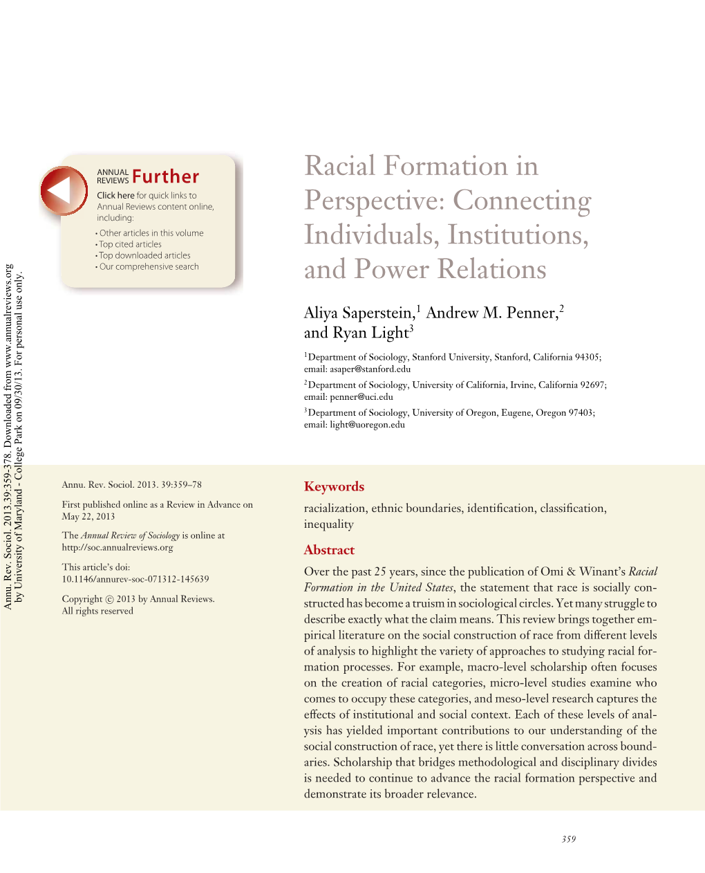Racial Formation in Perspective: Connecting Individuals, Institutions, and Power Relations