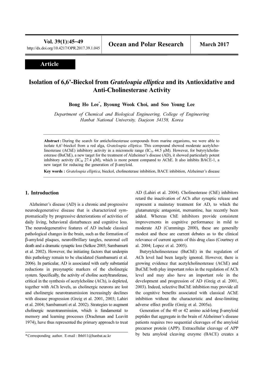 Bieckol from Grateloupia Elliptica and Its Antioxidative and Anti-Cholinesterase Activity