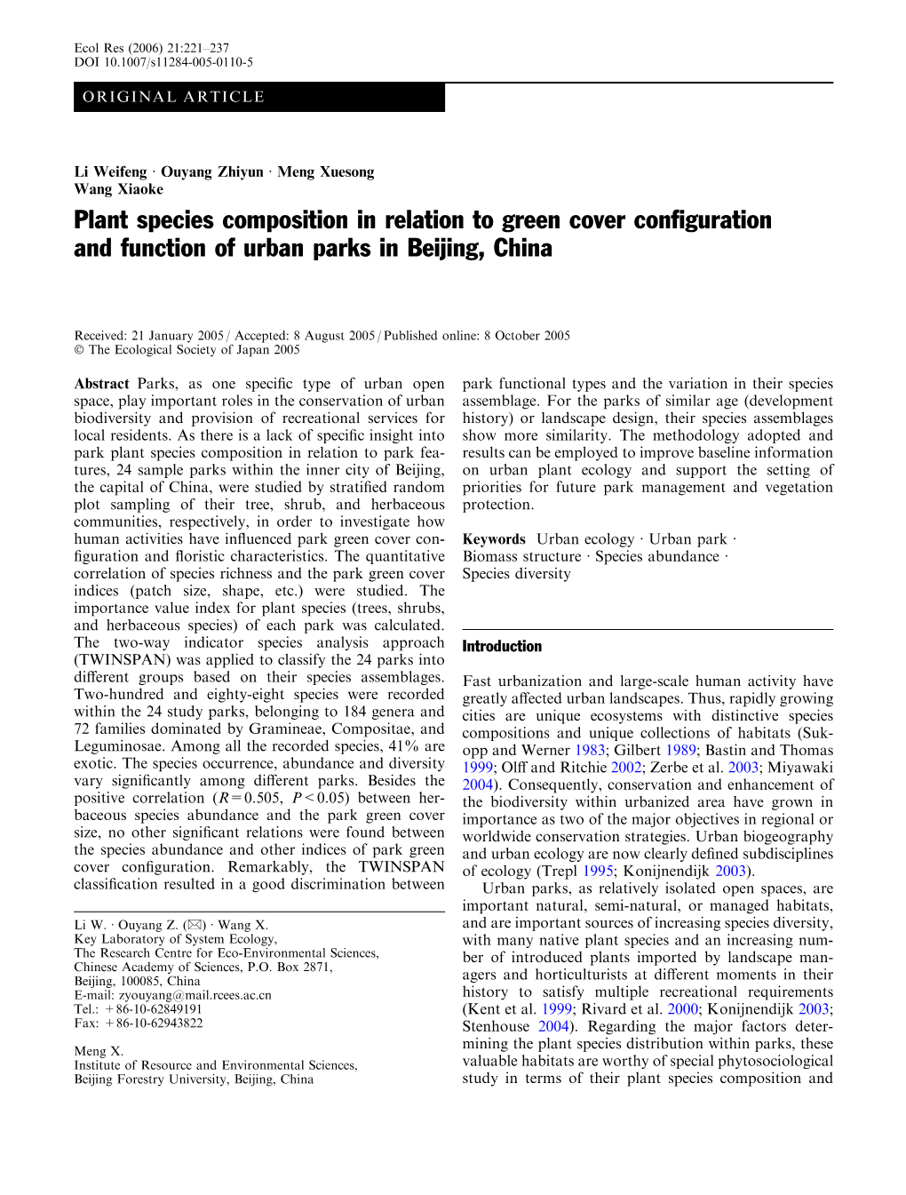 Plant Species Composition in Relation to Green Cover Configuration And