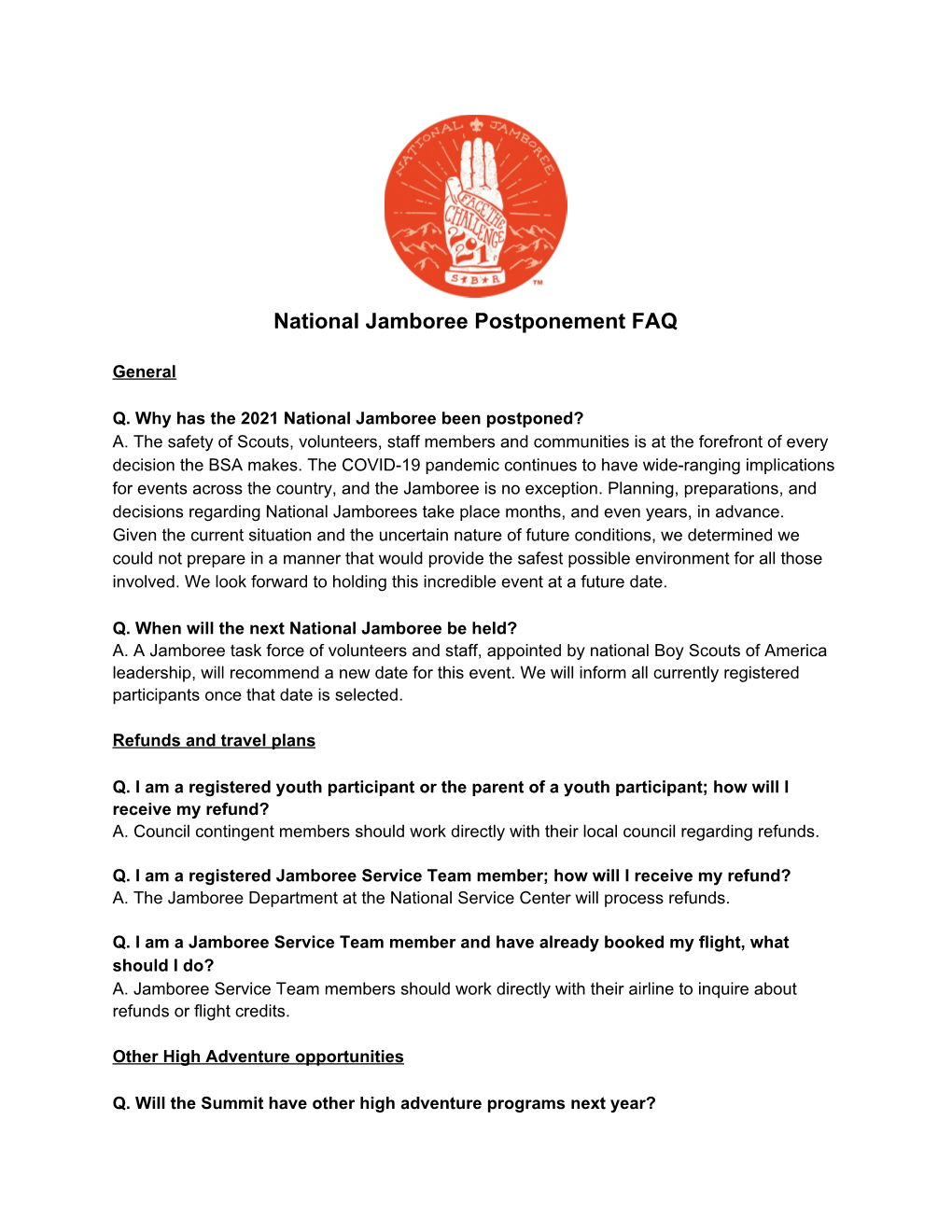 National Jamboree Postponement FAQ