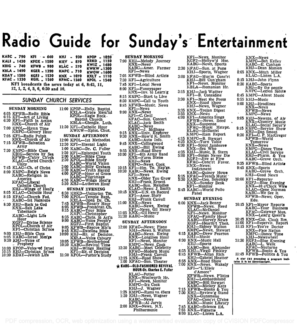 Radio Guide for Sunday's Entertainment