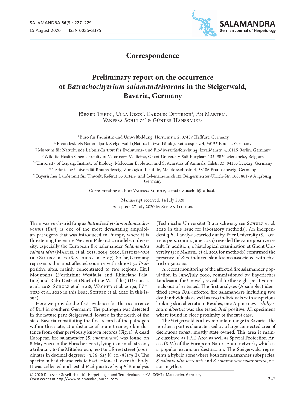 SALAMANDRA 56(3): 227–229 SALAMANDRA 15 August 2020 ISSN 0036–3375 Correspondence German Journal of Herpetology