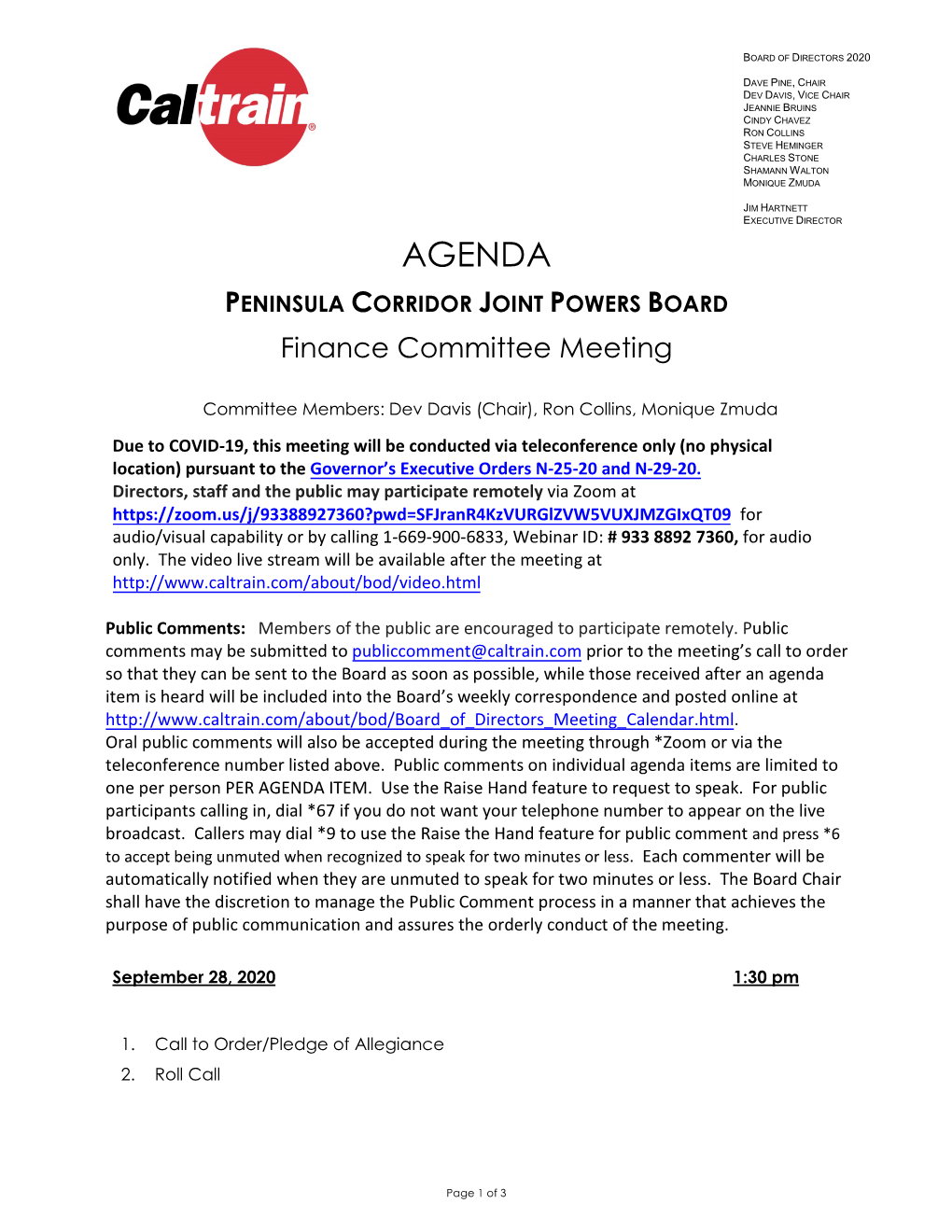 AGENDA PENINSULA CORRIDOR JOINT POWERS BOARD Finance Committee Meeting