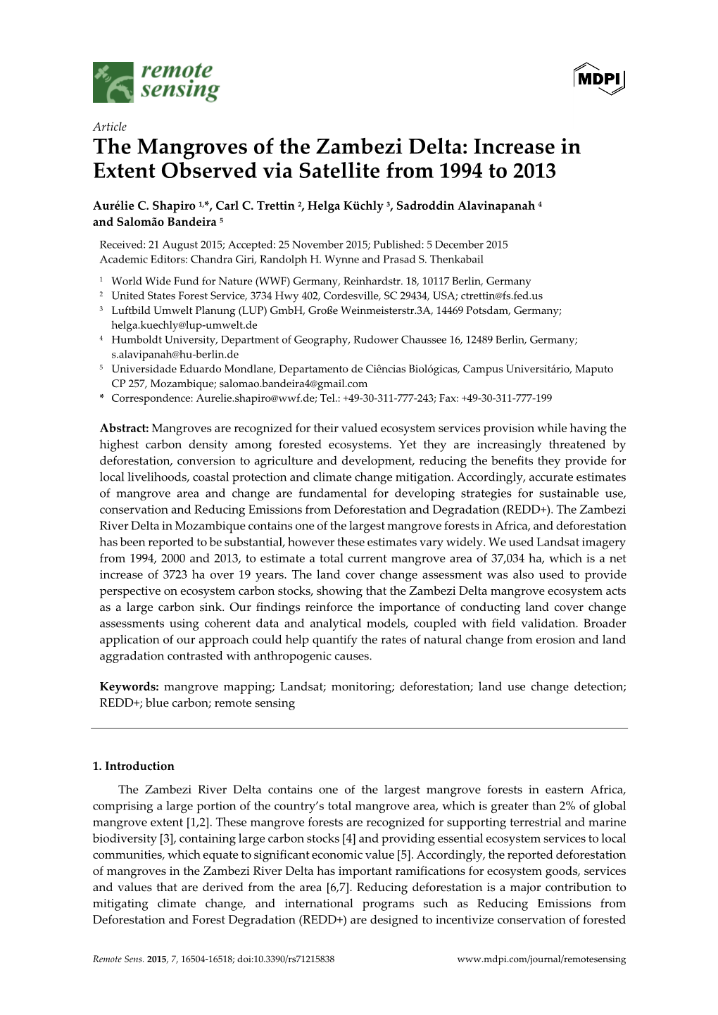 The Mangroves of the Zambezi Delta: Increase in Extent Observed Via Satellite from 1994 to 2013