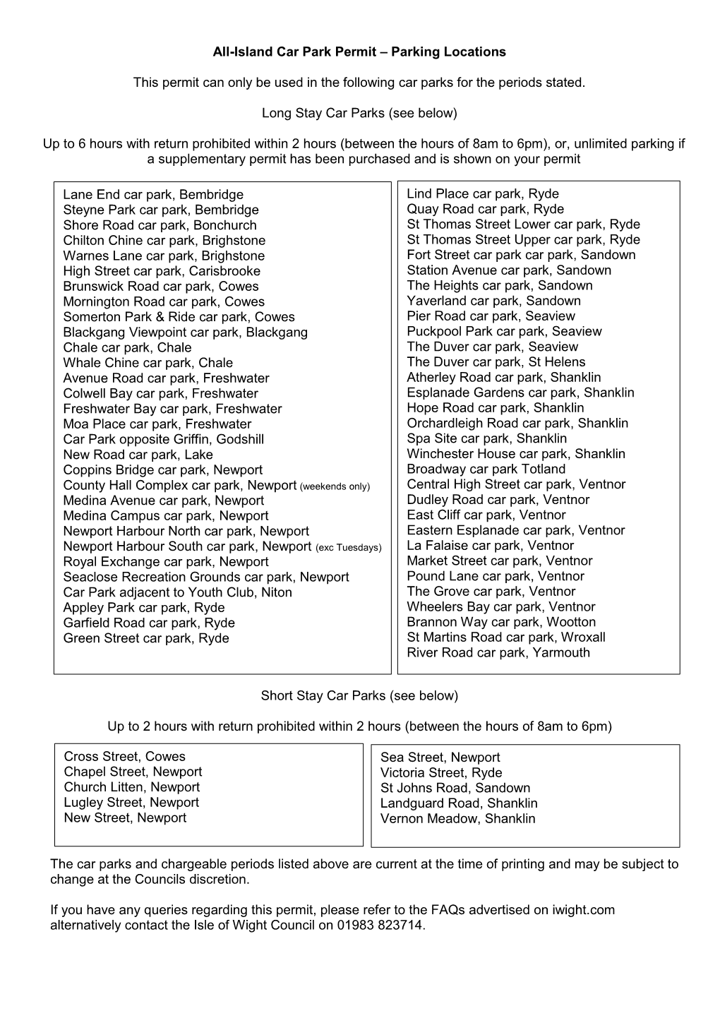 All-Island Car Park Permit – Parking Locations