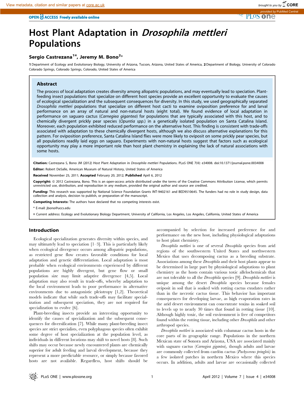 Host Plant Adaptation in Drosophila Mettleri Populations