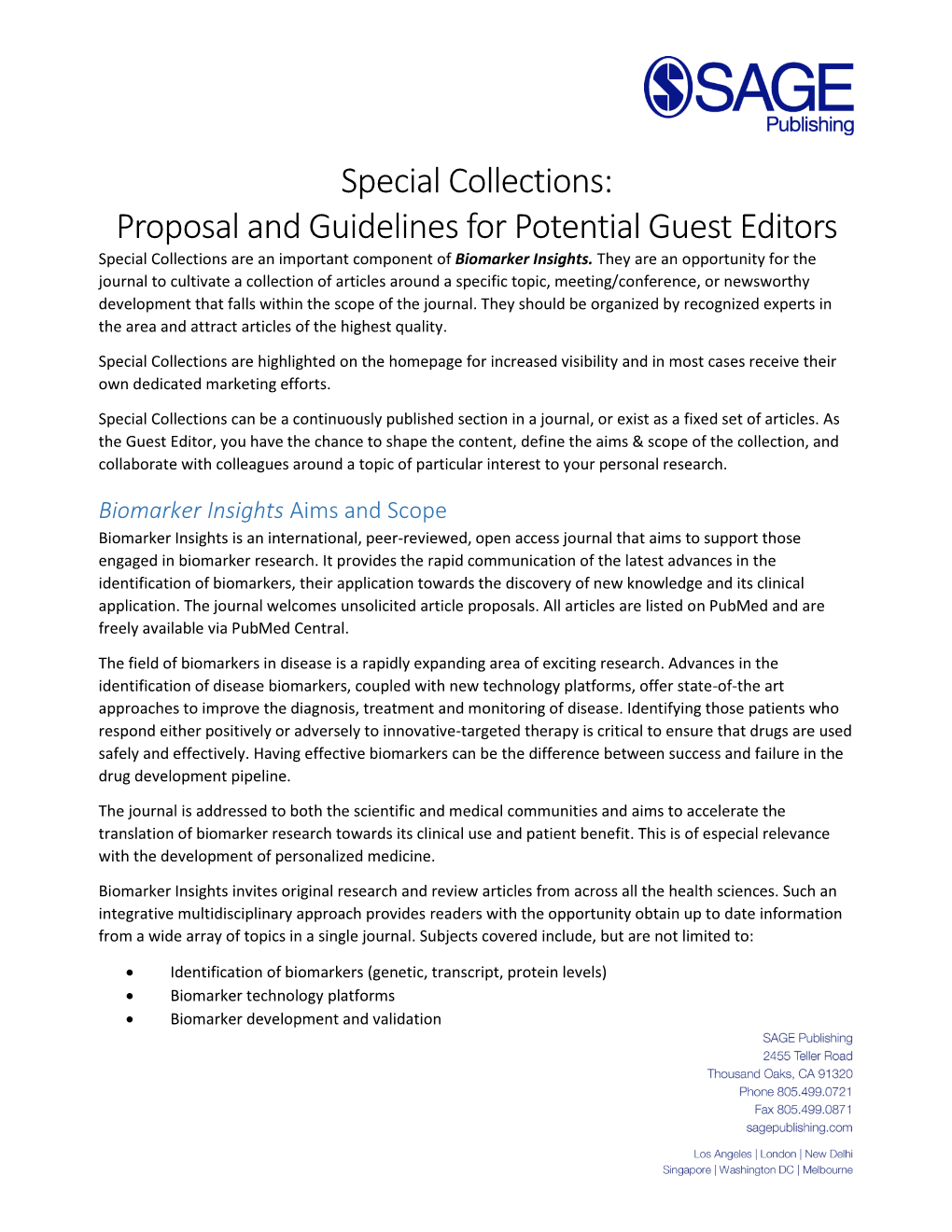 Special Collections: Proposal and Guidelines for Potential Guest Editors Special Collections Are an Important Component of Biomarker Insights