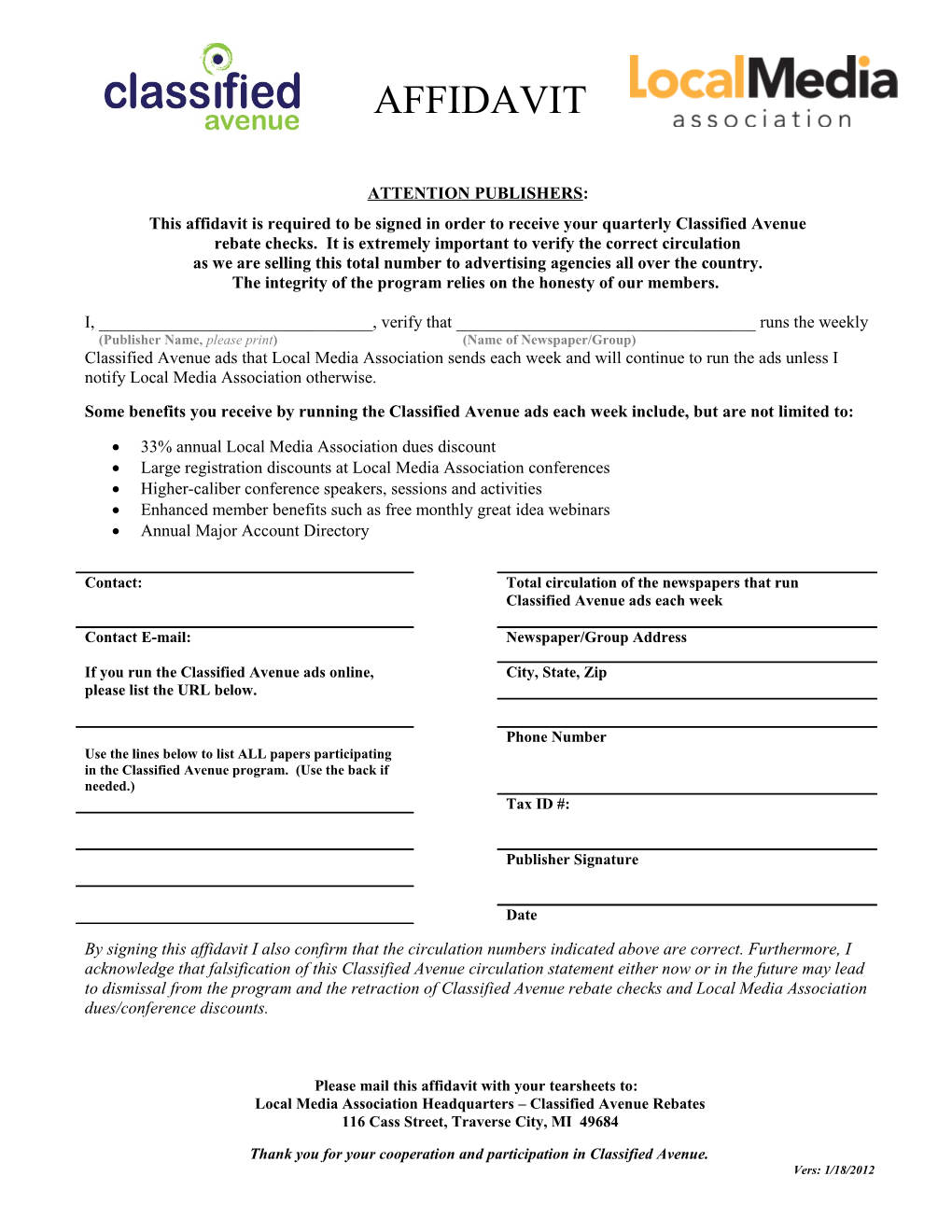 This Affidavit Is Required to Be Signed in Order to Receive Your Quarterly Classified Avenue