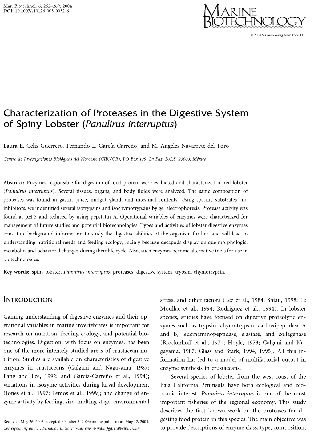 Characterization of Proteases in the Digestive System of Spiny Lobster (Panulirus Interruptus)