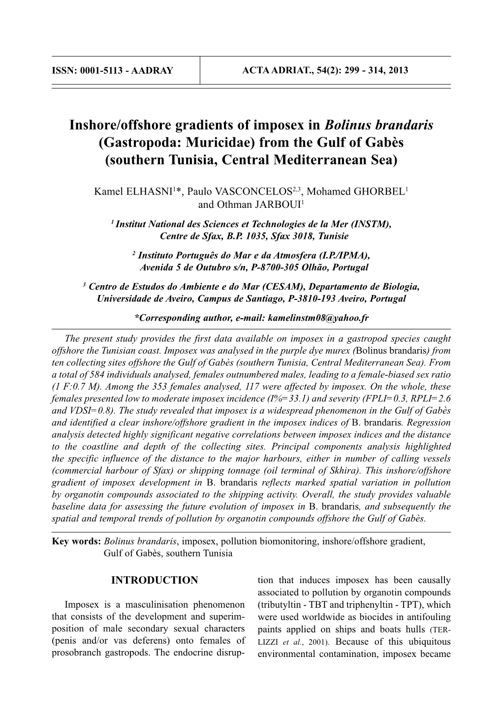 Inshore/Offshore Gradients of Imposex in Bolinus Brandaris (Gastropoda: Muricidae) from the Gulf of Gabès (Southern Tunisia, Central Mediterranean Sea)