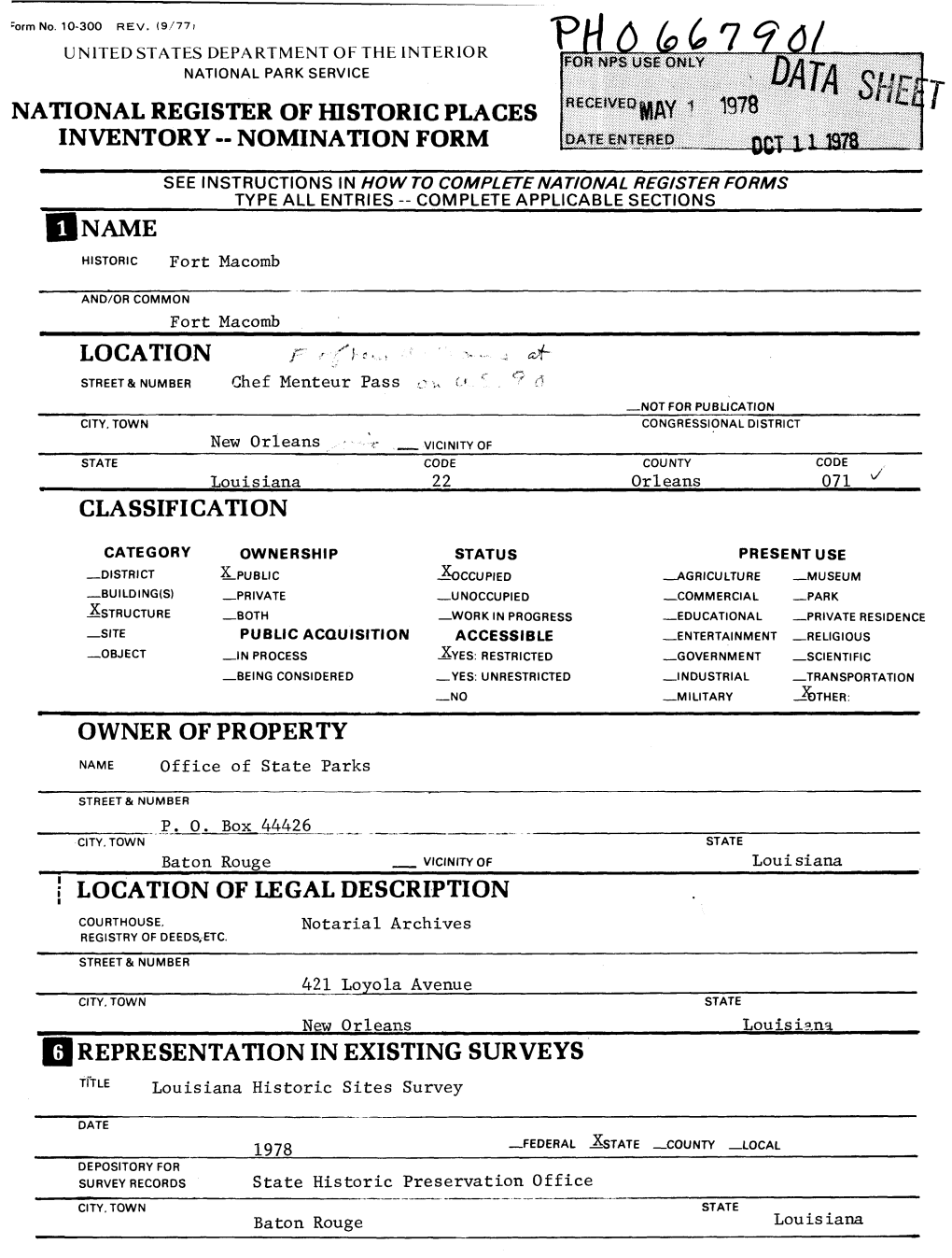 Nomination Form I Name Location Owner of Property