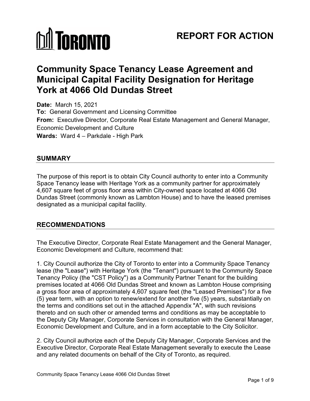 Community Space Tenancy Lease Agreement and Municipal Capital Facility Designation for Heritage York at 4066 Old Dundas Street