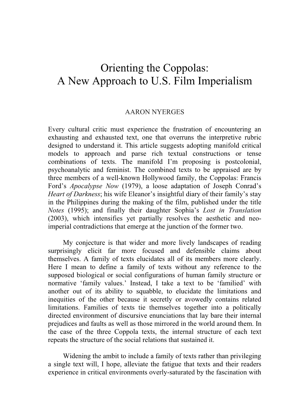 Orienting the Coppolas: a New Approach to U.S. Film Imperialism