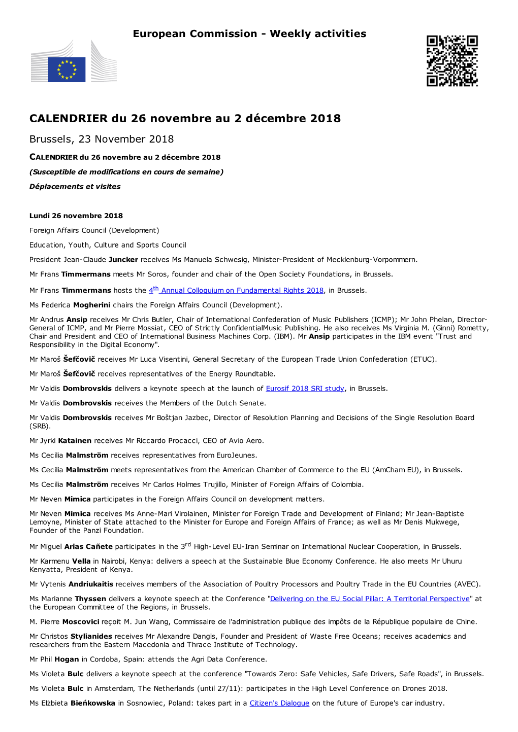 CALENDRIER Du 26 Novembre Au 2 Décembre 2018