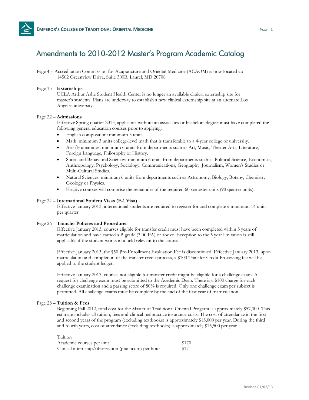 Amendments to 2010-2012 Master's Program Academic Catalog