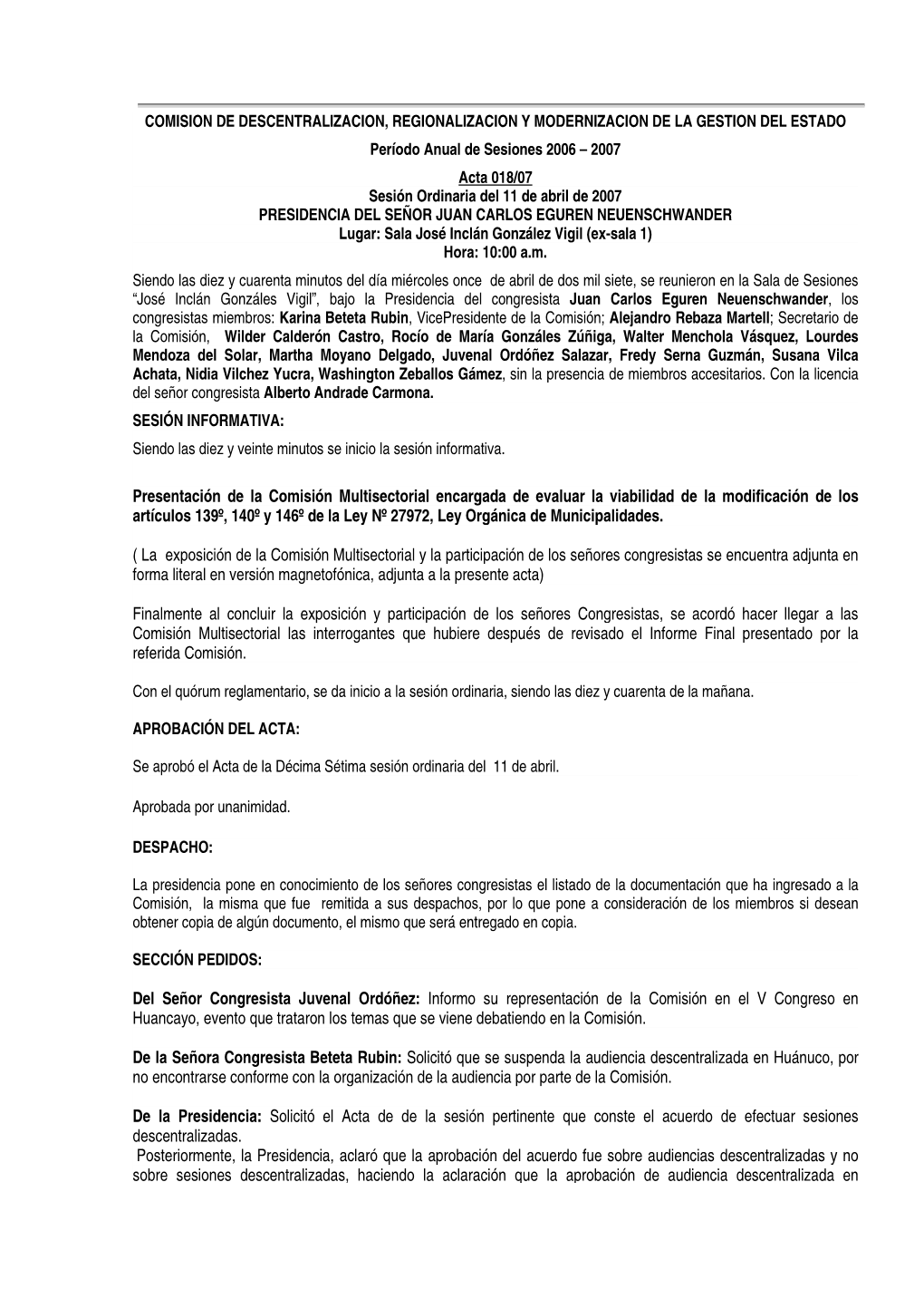 Presentación De La Comisión Multisectorial Encargada De Evaluar