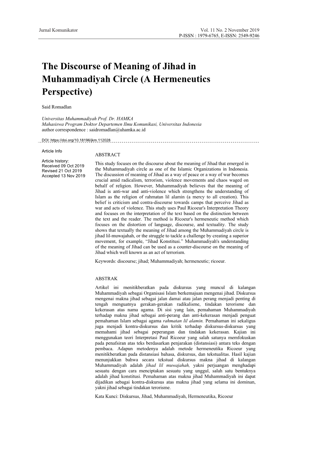 The Discourse of Meaning of Jihad in Muhammadiyah Circle (A Hermeneutics Perspective)