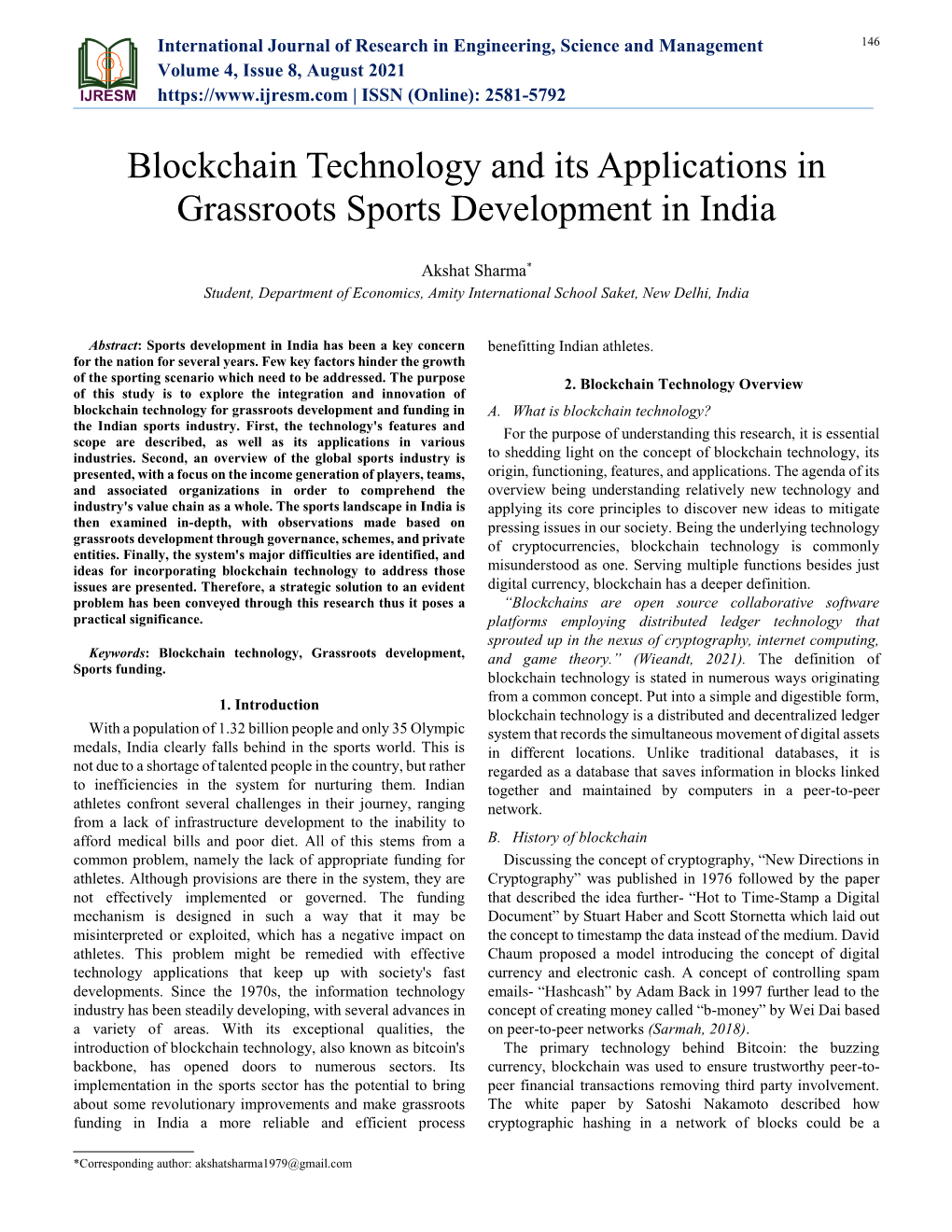 Blockchain Technology and Its Applications in Grassroots Sports Development in India