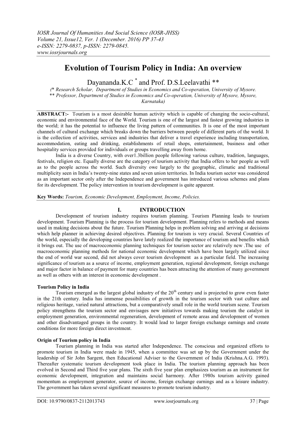 Evolution of Tourism Policy in India: an Overview