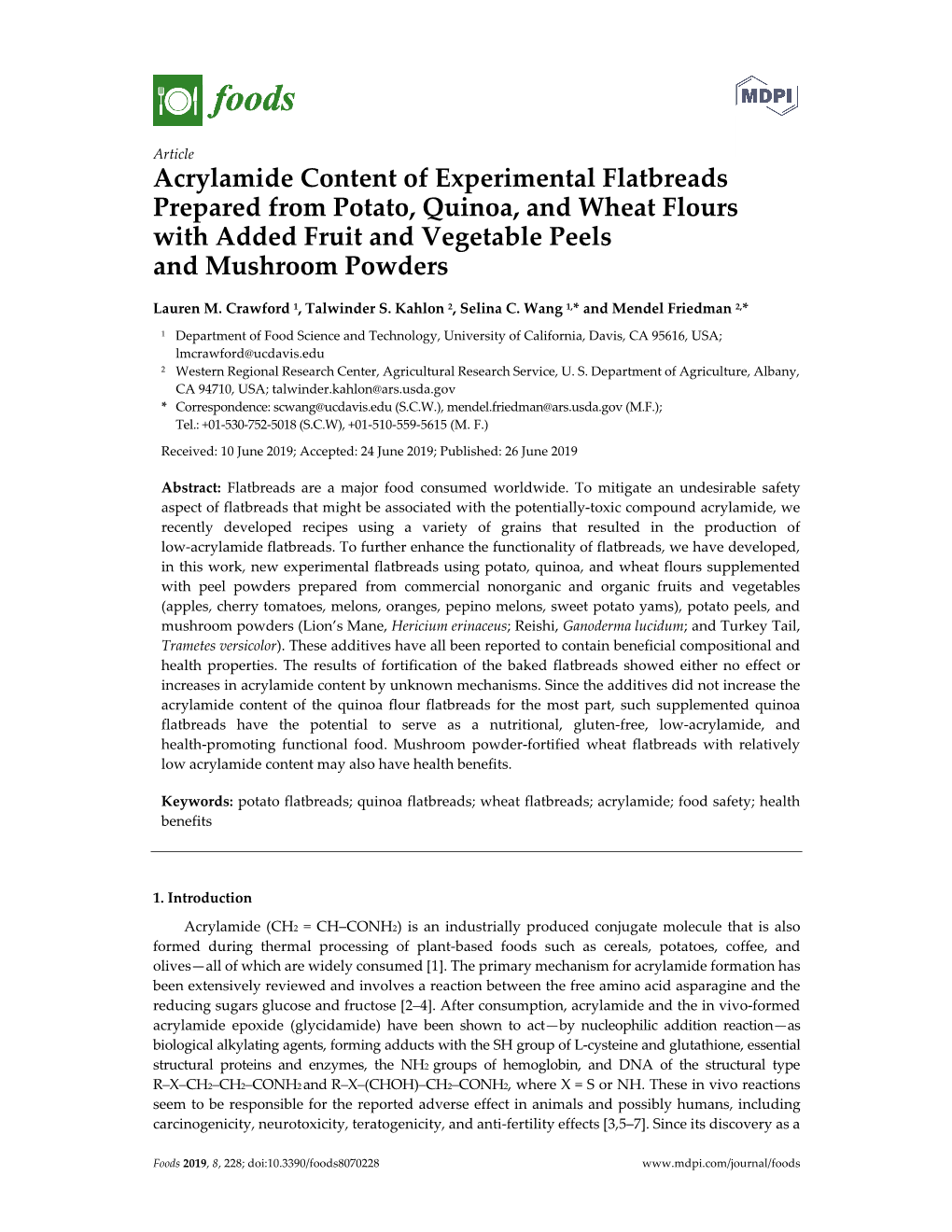 Acrylamide Content of Experimental Flatbreads Prepared from Potato, Quinoa, and Wheat Flours with Added Fruit and Vegetable Peels and Mushroom Powders
