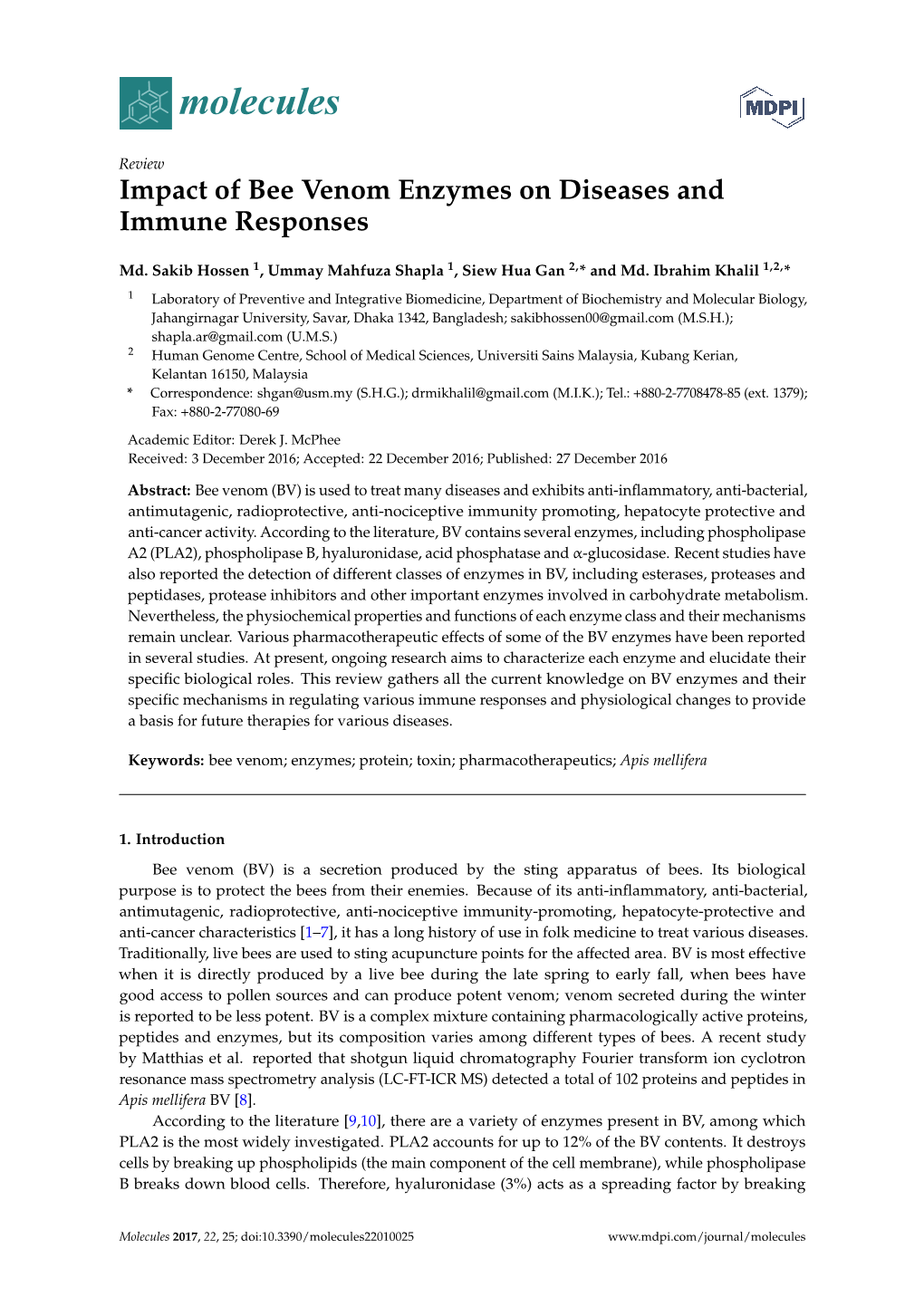 Impact of Bee Venom Enzymes on Diseases and Immune Responses
