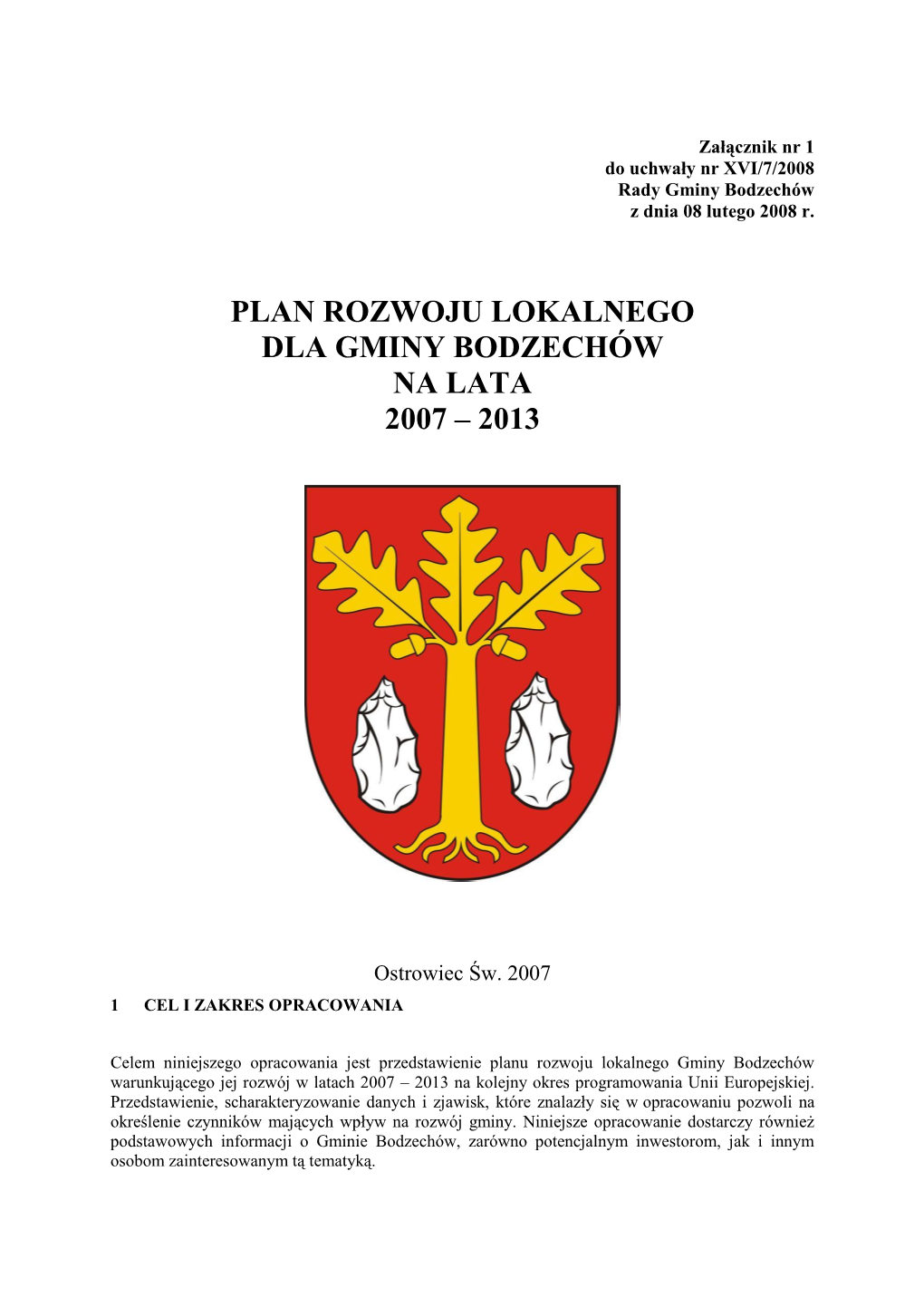 Plan Rozwoju Lokalnego Dla Gminy Bodzechów Na Lata 2007 – 2013