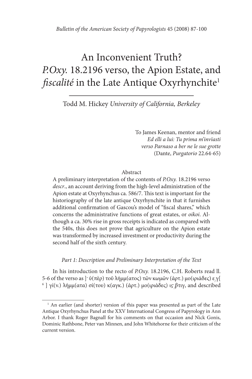 P.Oxy. 18.2196 Verso, the Apion Estate, and Fiscalité in the Late Antique Oxyrhynchite1