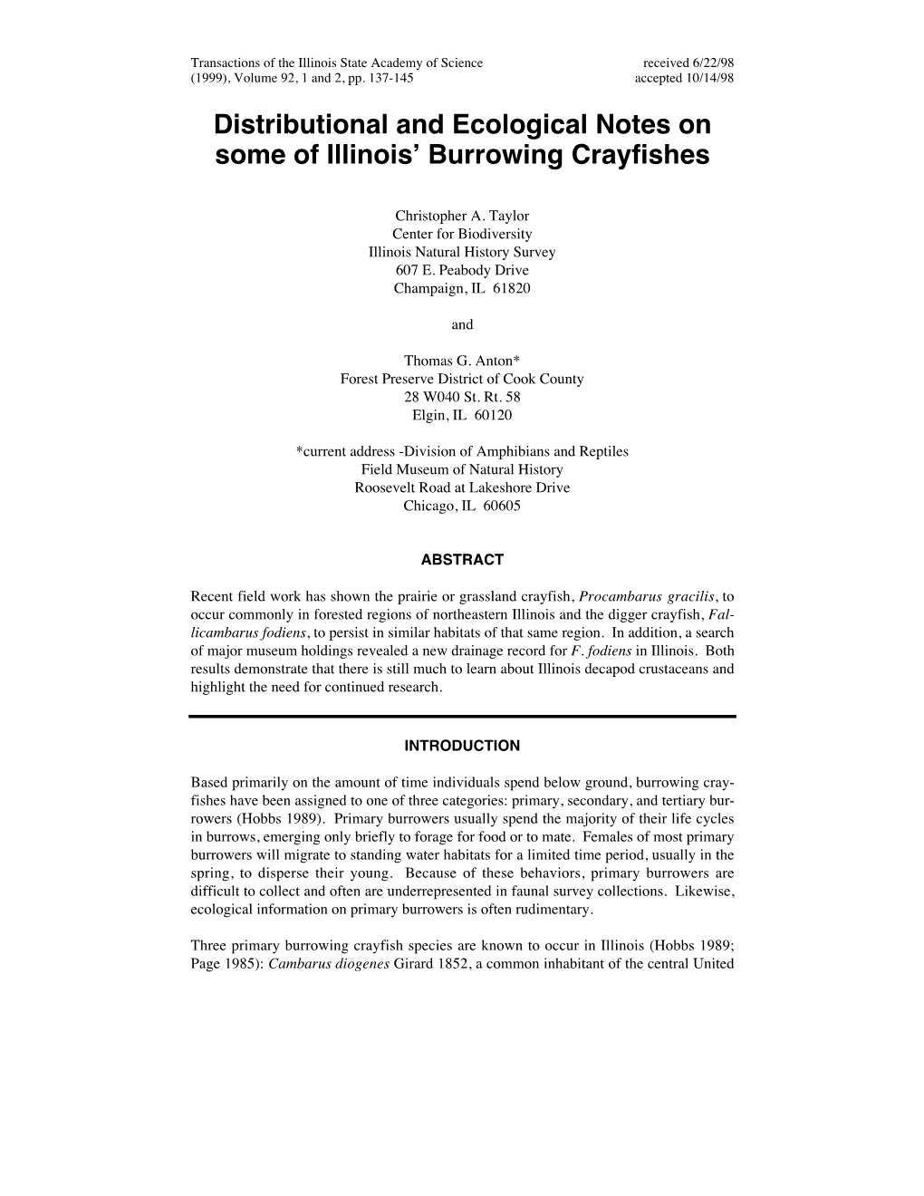 Distributional and Ecological Notes on Some of Illinois’ Burrowing Crayfishes