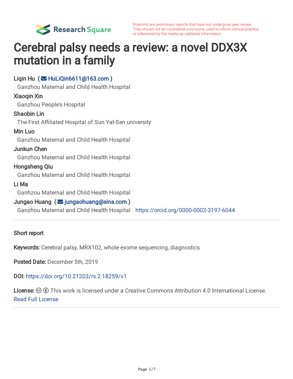 Cerebral Palsy Needs a Review: a Novel DDX3X Mutation in a Family