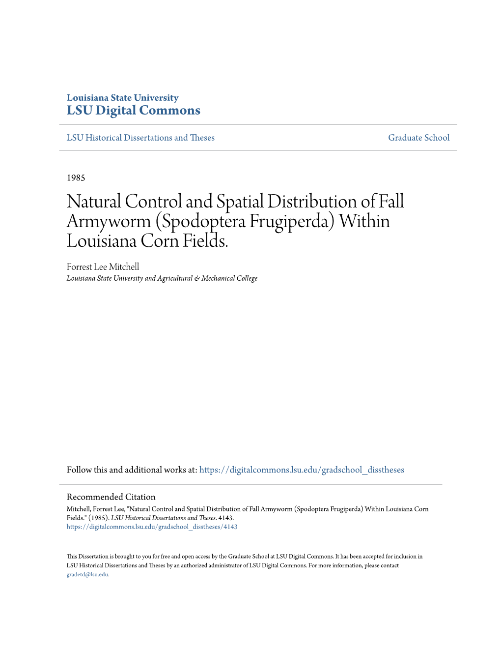 Natural Control and Spatial Distribution of Fall Armyworm (Spodoptera Frugiperda) Within Louisiana Corn Fields
