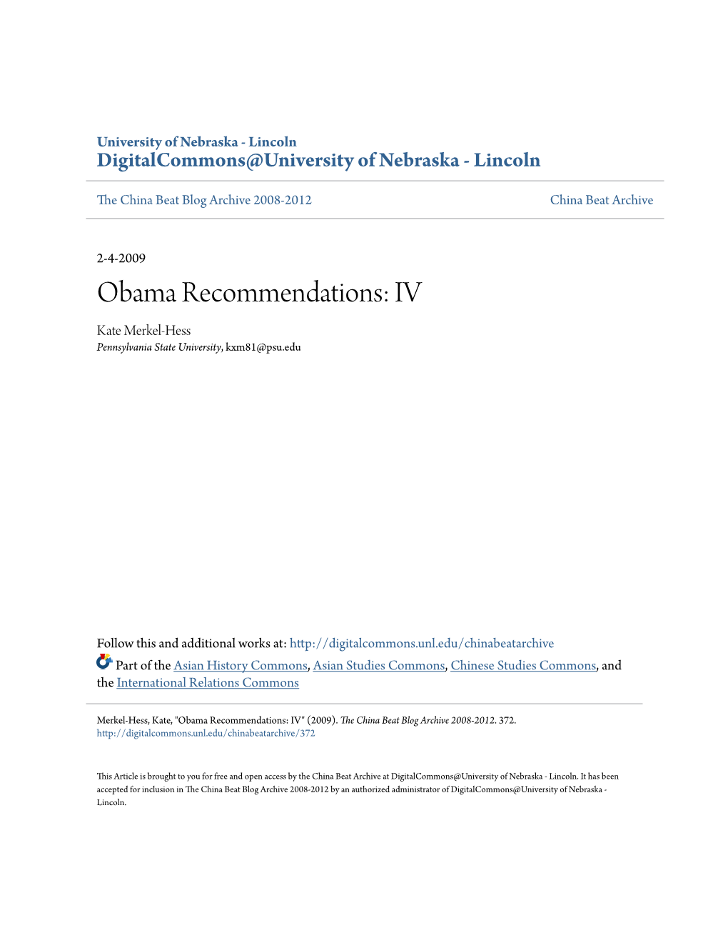 Obama Recommendations: IV Kate Merkel-Hess Pennsylvania State University, Kxm81@Psu.Edu