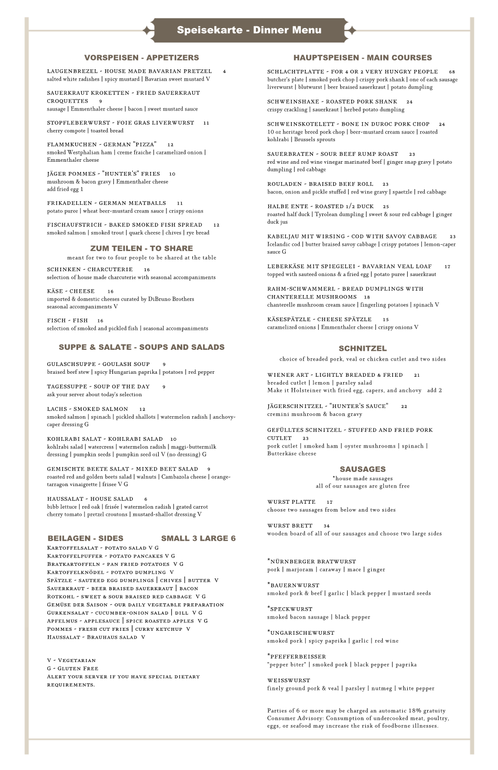 Speisekarte - Dinner Menu