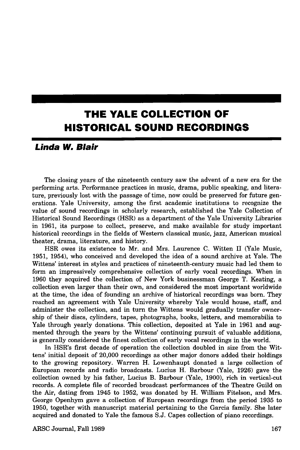 ARSC Journal, Fall 1989 167 Yale Collection