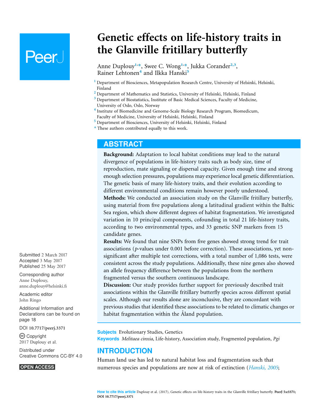 Genetic Effects on Life-History Traits in the Glanville Fritillary Butterfly