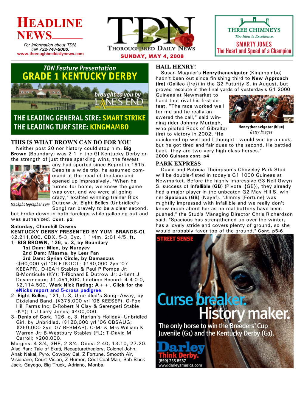 HEADLINE NEWS for Information About TDN, SMARTY JONES Call 732-747-8060